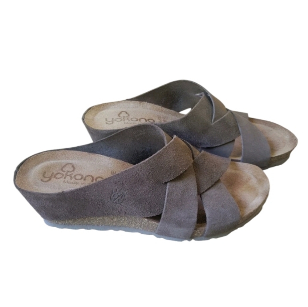 Yokono Cork Wedge Suede Slide Sandal In Taupe Made In Spain Size 9 - Picture 2 of 6